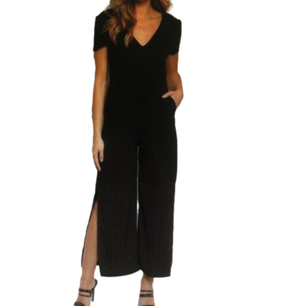 Split Leg Short Sleeve Jumpsuit, Black Stripe